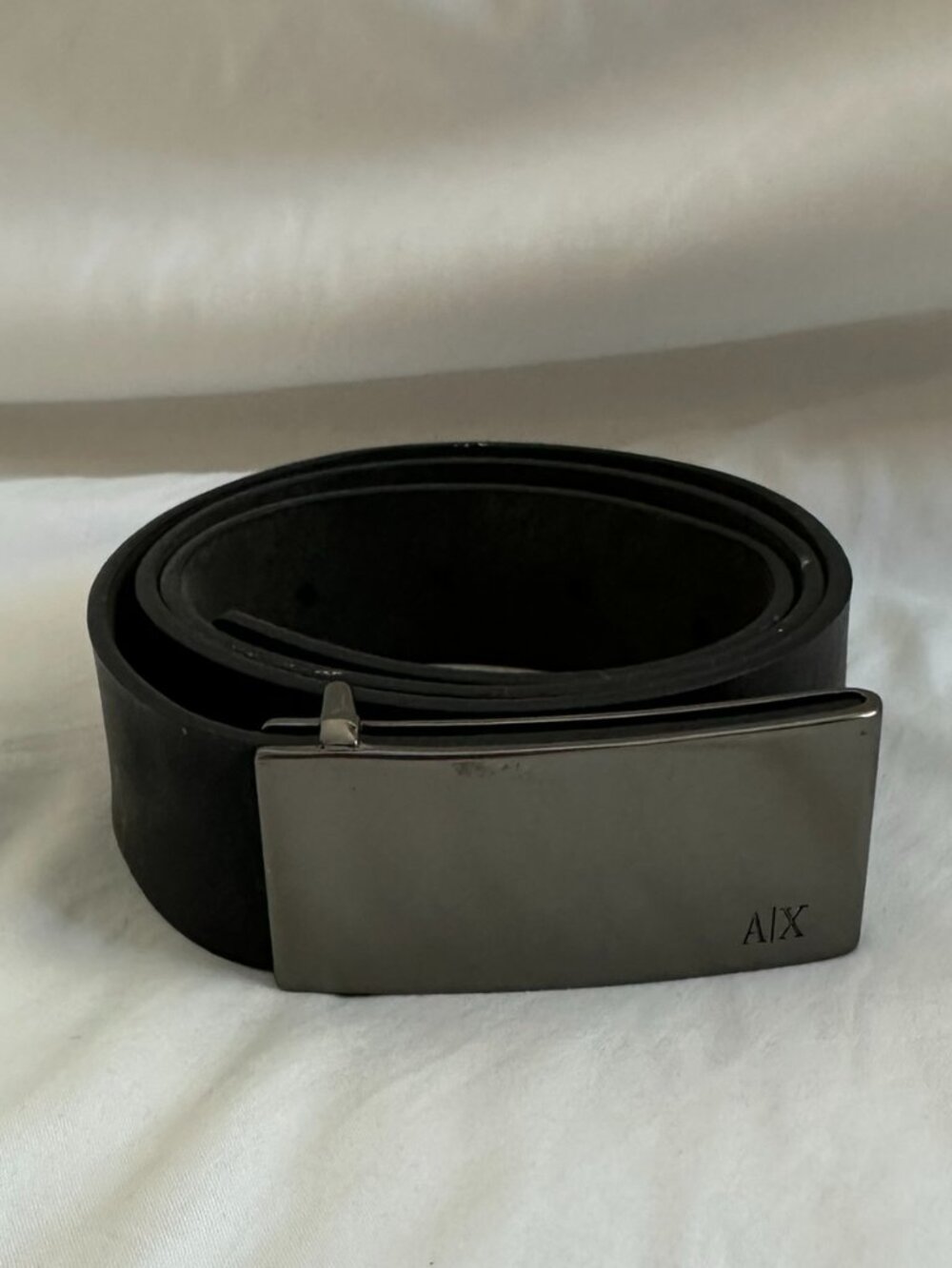Armani Exchange A|X Black 100% Genuine Leather Plaque Buckle Belt Size 32